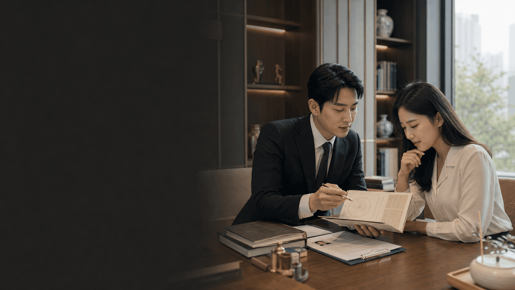 취업 준비생이 상담가와 이력서와 사주 명식을 함께 살펴보는 모습